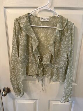 No Boundaries Sage Green Floral Ruffle Tie-Front Blouse